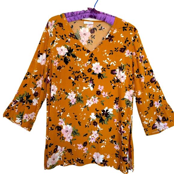 J.Jill MariGold Floral V-Neck Modified Bell Sleeve Tunic Top size Medium - Picture 1 of 6